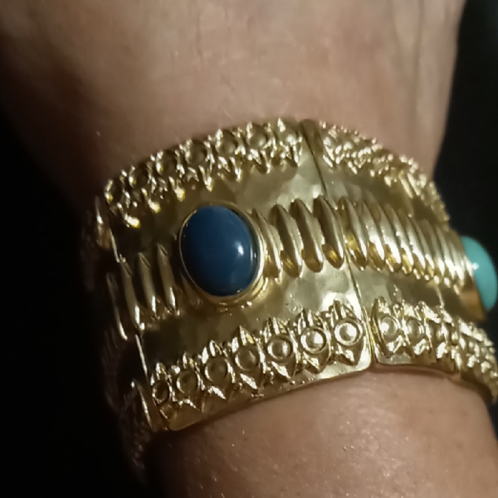 Gold Bracelet with Blue, green, teal, pink Stones expandable